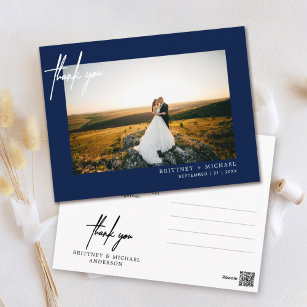 Hand-Lettered Simple Photo Thank You Navy Blue Postcard