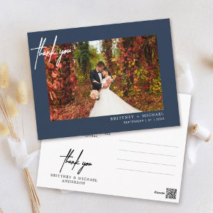 Hand-Lettered Simple Photo Thank You Navy Postcard