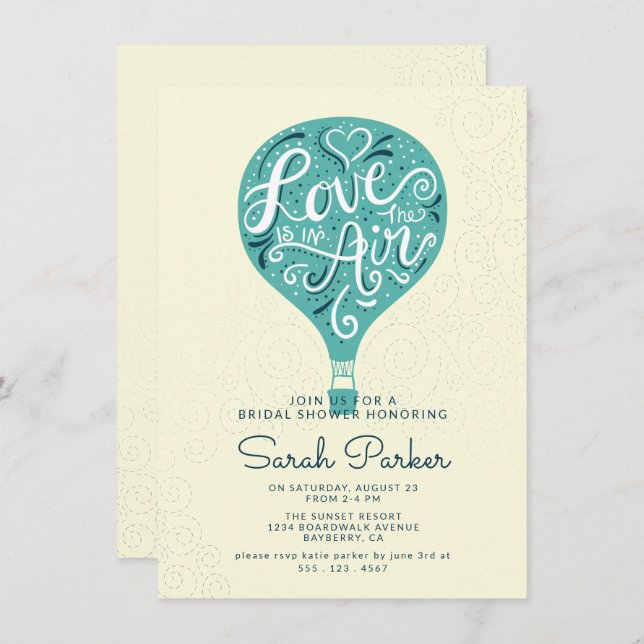 Hand Lettered Teal Hot Air Balloon Bridal Shower Invitation (Front/Back)