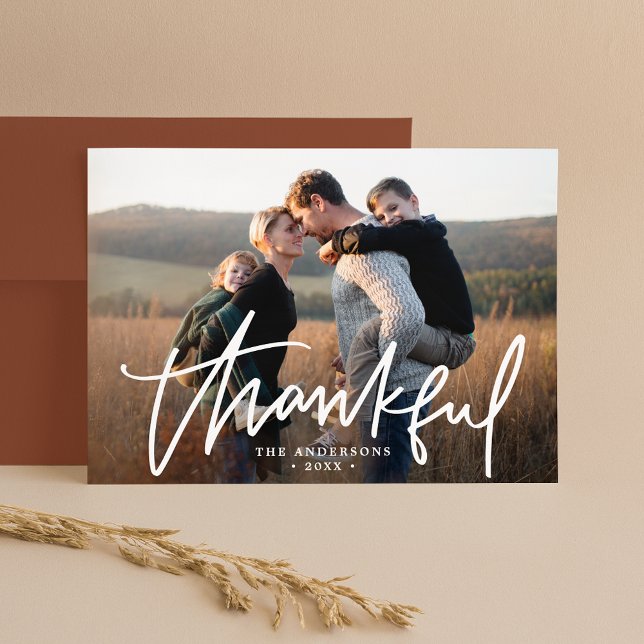 Hand-Lettered Thankful Script Photo Thanksgiving Holiday Card (Creator Uploaded)