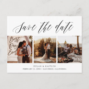 Hand Lettered Three Photos Save the Date Postcard