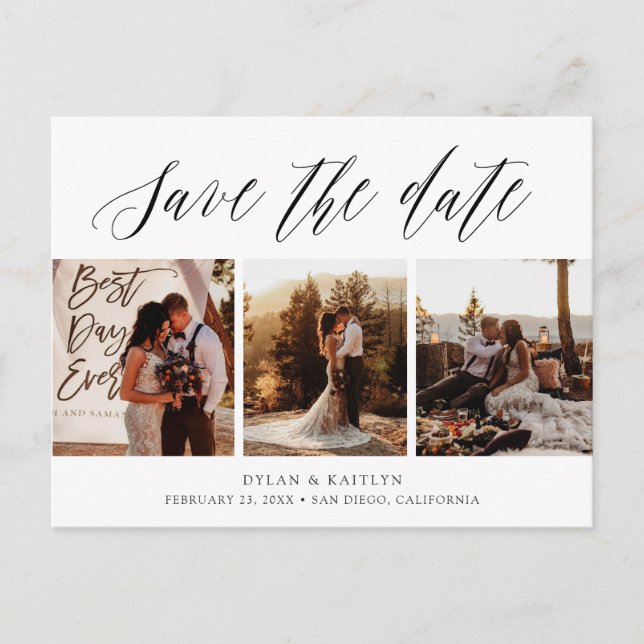 Hand Lettered Three Photos Save the Date Postcard (Front)
