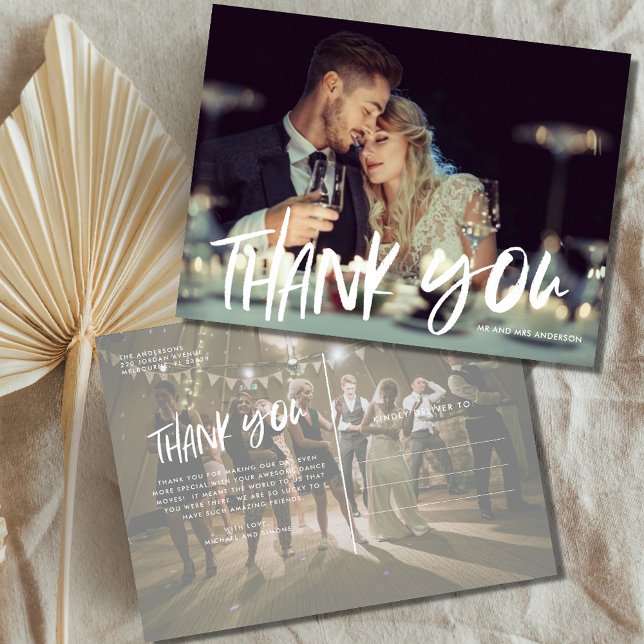 Hand Lettered Two Photo Modern Wedding Thank You Postcard (Creator Uploaded)