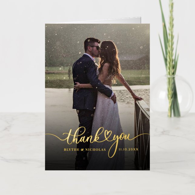 Hand-Lettered Wedding Photo Thank You Heart Gold Foil Greeting Card (Front)