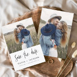 Hand Lettered White Save the Date Photo<br><div class="desc">Modern and Elegant Photo Save the Date Wedding Card. The save the date invitation card includes white Hand Lettered typography and chic and simple design on a white background that you can add your customised engagement photograph picture to.</div>
