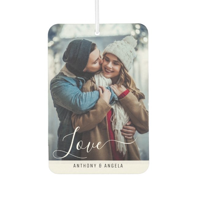 Hand lettering couple photo car air freshener (Front)