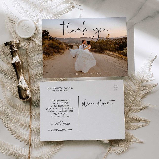 Hand Lettering Photo Wedding Thank You Postcard (Creator Uploaded)
