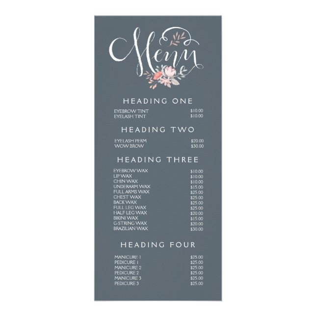 Hand Lettering Salon Stylist Menu Price List (Front)