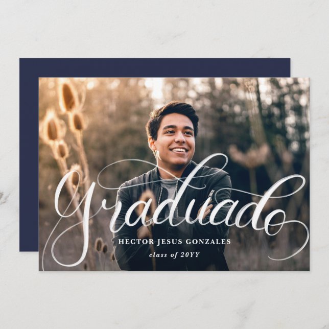 Hand Lettering Spanish Graduado Graduation Photo Invitation (Front/Back)