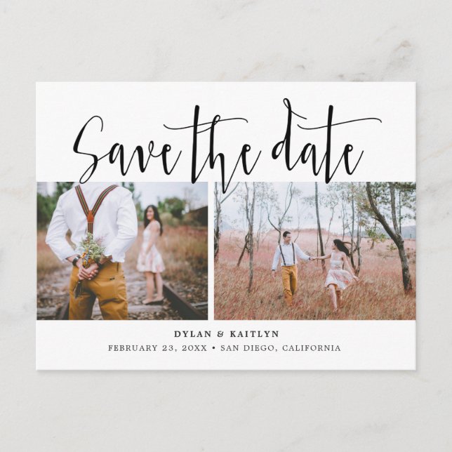 Hand Lettering Two Photos Save the Date Postcard (Front)