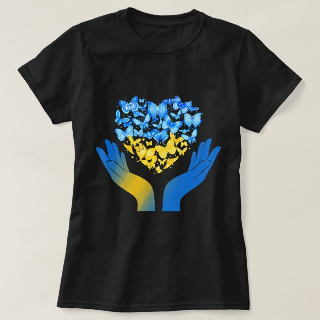 Hand Love Heart Butterfly Ukrainian Flag Stand Wit T-Shirt (Design Front)