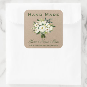 Hand Made Green Watercolor Floral Kraft Small Square Sticker