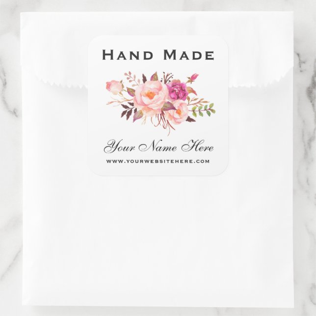 Hand Made Pink Watercolor Floral Small Square Sticker (Bag)
