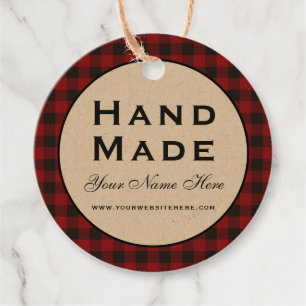 Hand Made Red Plaid Round Kraft Product Tags