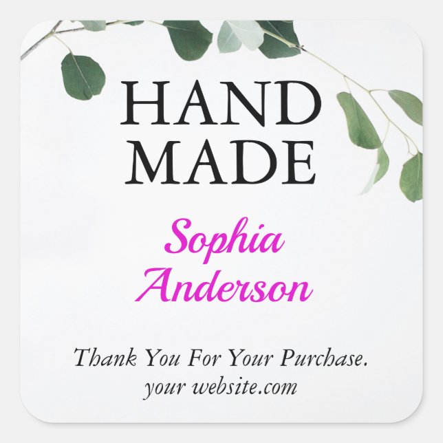 Hand Made, Thank You, Name, Greenery White Square Sticker (Front)
