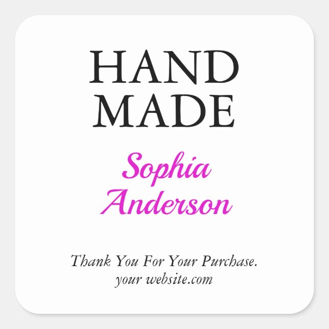 Hand Made, Thank You, Name, White Square Sticker (Front)