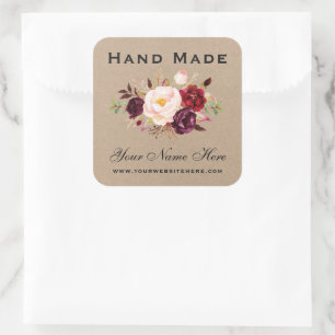 Hand Made Watercolor Floral Burgundy Kraft Small Square Sticker