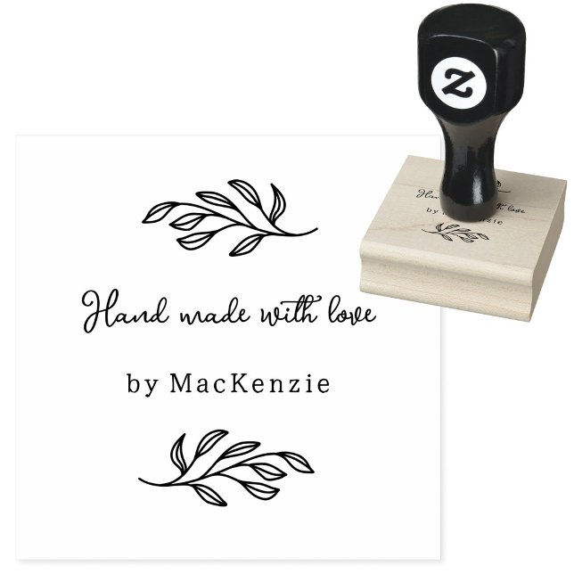 Hand Made With Love Botanical Line Art Custom Name Rubber Stamp (Hand Made with Love custom name botanical leaf line art small business maker rubber stamp)