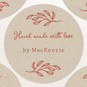 Hand Made With Love Brown Paper Botanical Leaf Classic Round Sticker