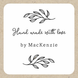 Hand Made With Love Personalized Botanical Leaf Square Sticker