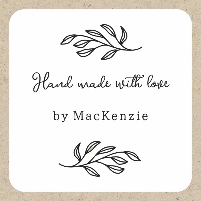 Hand Made With Love Personalized Botanical Leaf  Square Sticker (Personalized hand made with love botanical leaf line art stickers for small business makers)