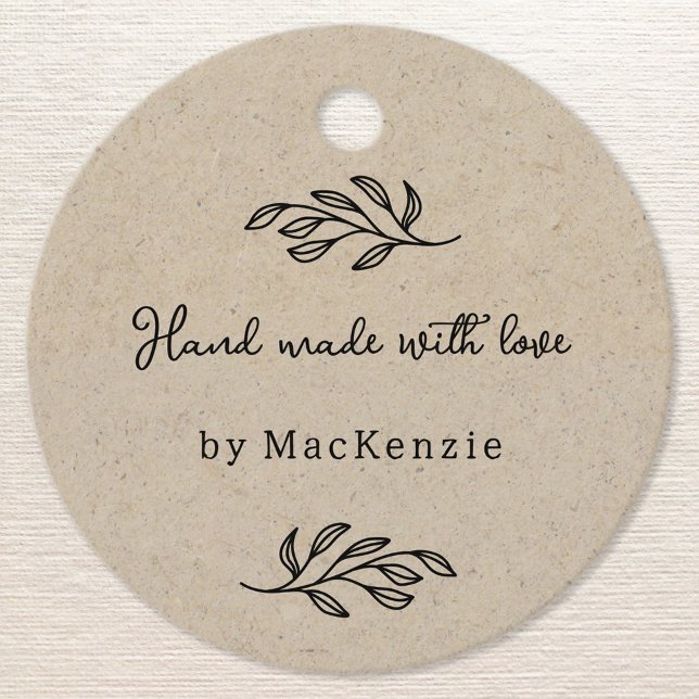 Hand Made With Love Personalized Brown Price Tag (Hand Made with Love personalized botanical leaf line art brown paper effect price or hang tags)