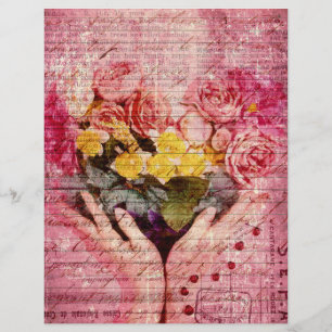 Hand old handwritting paper and pink  yellow roses