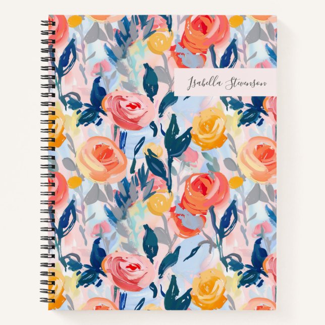 Hand-Painted Abstract Floral Personalised Blue Notebook (Front)