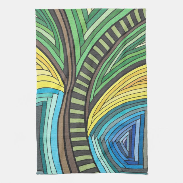 Hand Painted Abstract Tree and Geometry Design Tea Towel (Vertical)