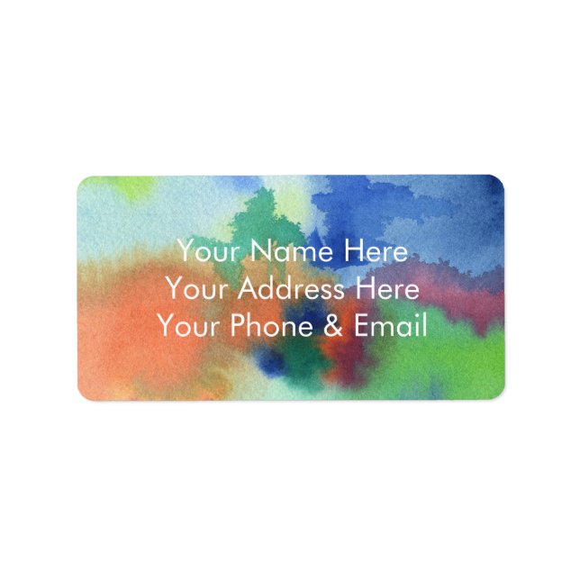 Hand-Painted Abstract Watercolor Blue Orange Green Label (Front)