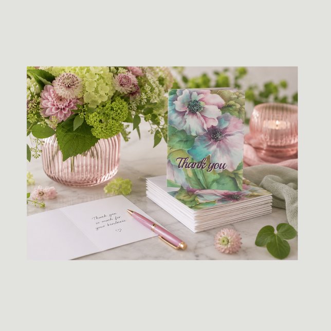 Hand-Painted Anemones “Thank you” Card — Folded,  (Pink Anemone Flowers Note Cards they will adore. Watercolor florals that celebrate flowers & friends)