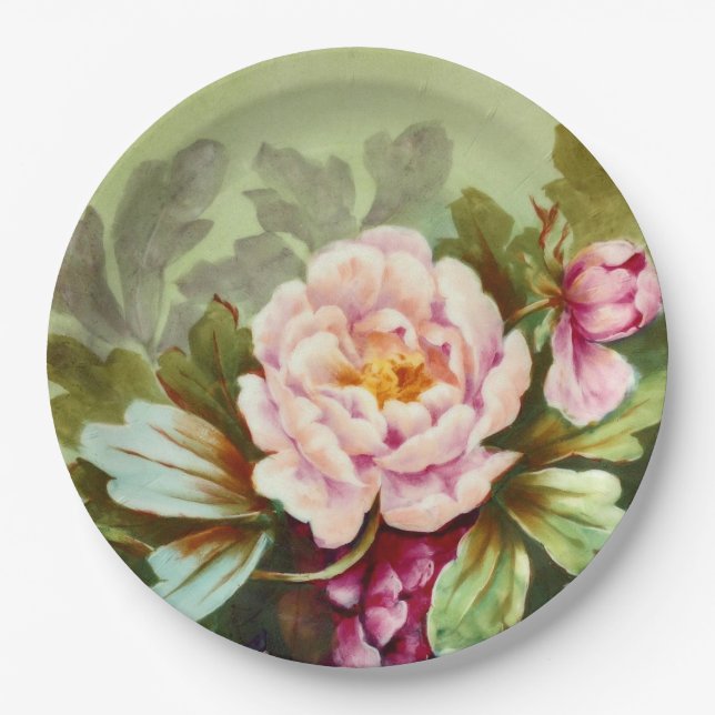 Hand Painted Antique Style Peony Birthday Party Paper Plate (Front)