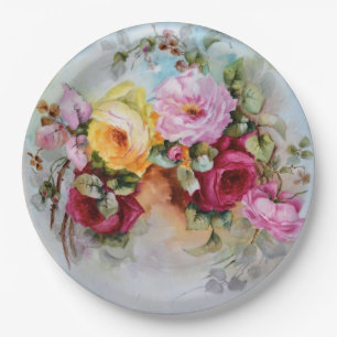 Hand Painted Antique Style Roses Birthday Wedding Paper Plate