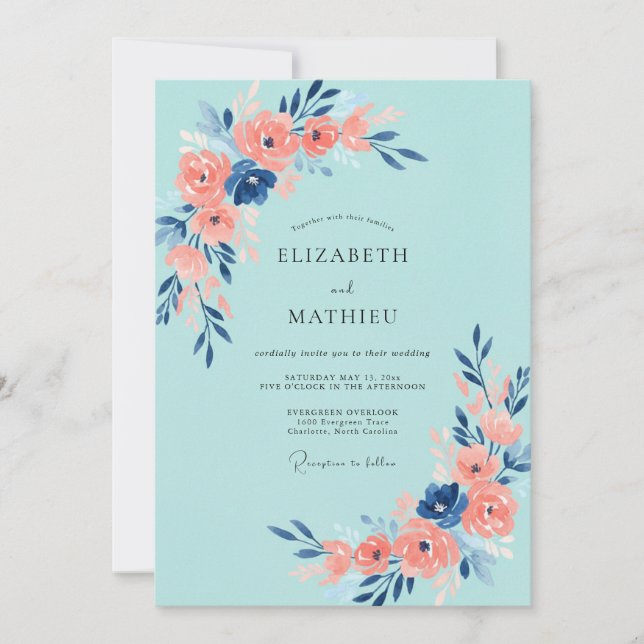Hand Painted Aqua Coral Rose Wedding Invitation (Front)