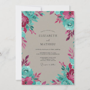 Hand Painted Aqua Magenta Painted Wedding Invitation