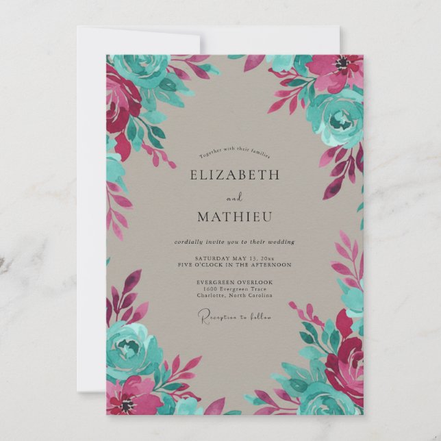 Hand Painted Aqua Magenta Painted Wedding Invitation (Front)