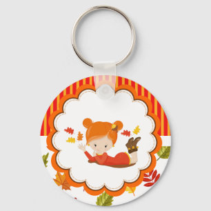 Hand Painted Autumn Adorable Girl    Key Ring