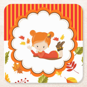 Hand Painted Autumn Adorable Girl Square Paper Coaster