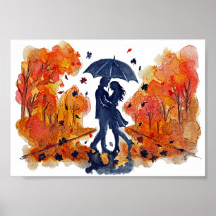 Hand Painted Autumn Couple Silhouette Watercolor Poster