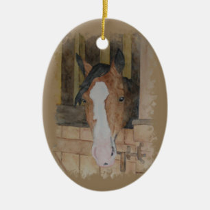 Hand Painted Bay Quarter Horse Mare Barn Scene Ceramic Tree Decoration