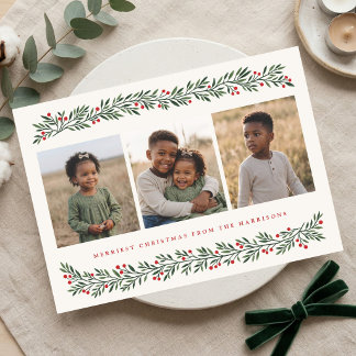 Hand Painted Berry Botanical Christmas Photo Holiday Card