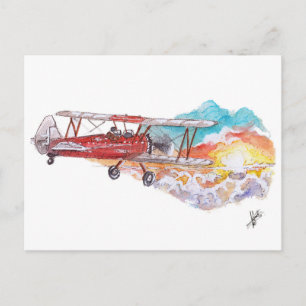 Hand Painted Biplane Bush Plane Sunset Watercolor Postcard