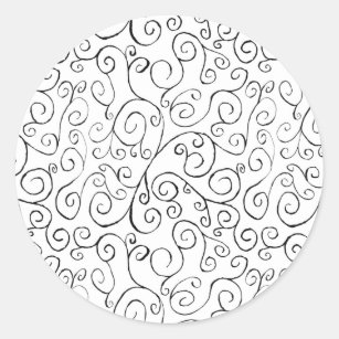 Hand-Painted Black Curvy Pattern on White Classic Round Sticker