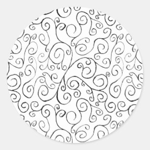 Hand-Painted Black Curvy Pattern on White Classic Round Sticker