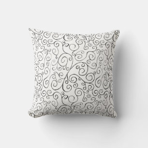 Hand-Painted Black Curvy Pattern on White Cushion