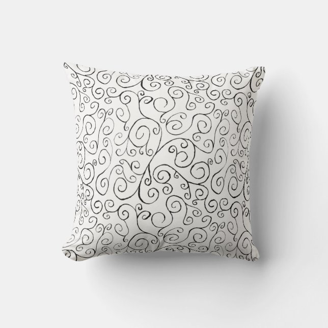 Hand-Painted Black Curvy Pattern on White Cushion (Front)