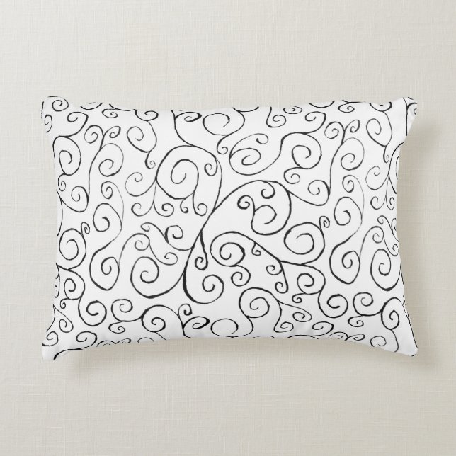 Hand-Painted Black Curvy Pattern on White Decorative Cushion (Front)