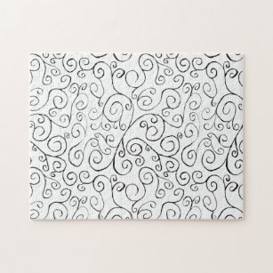 Hand-Painted Black Curvy Pattern on White Jigsaw Puzzle