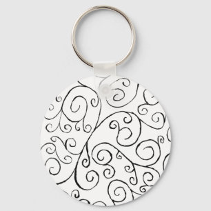 Hand-Painted Black Curvy Pattern on White Key Ring