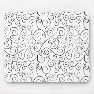 Hand-Painted Black Curvy Pattern on White Mouse Pad